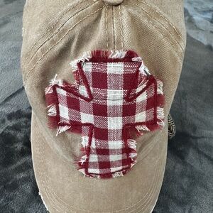 Tan Baseball Cap with Red Plaid Cross Patch